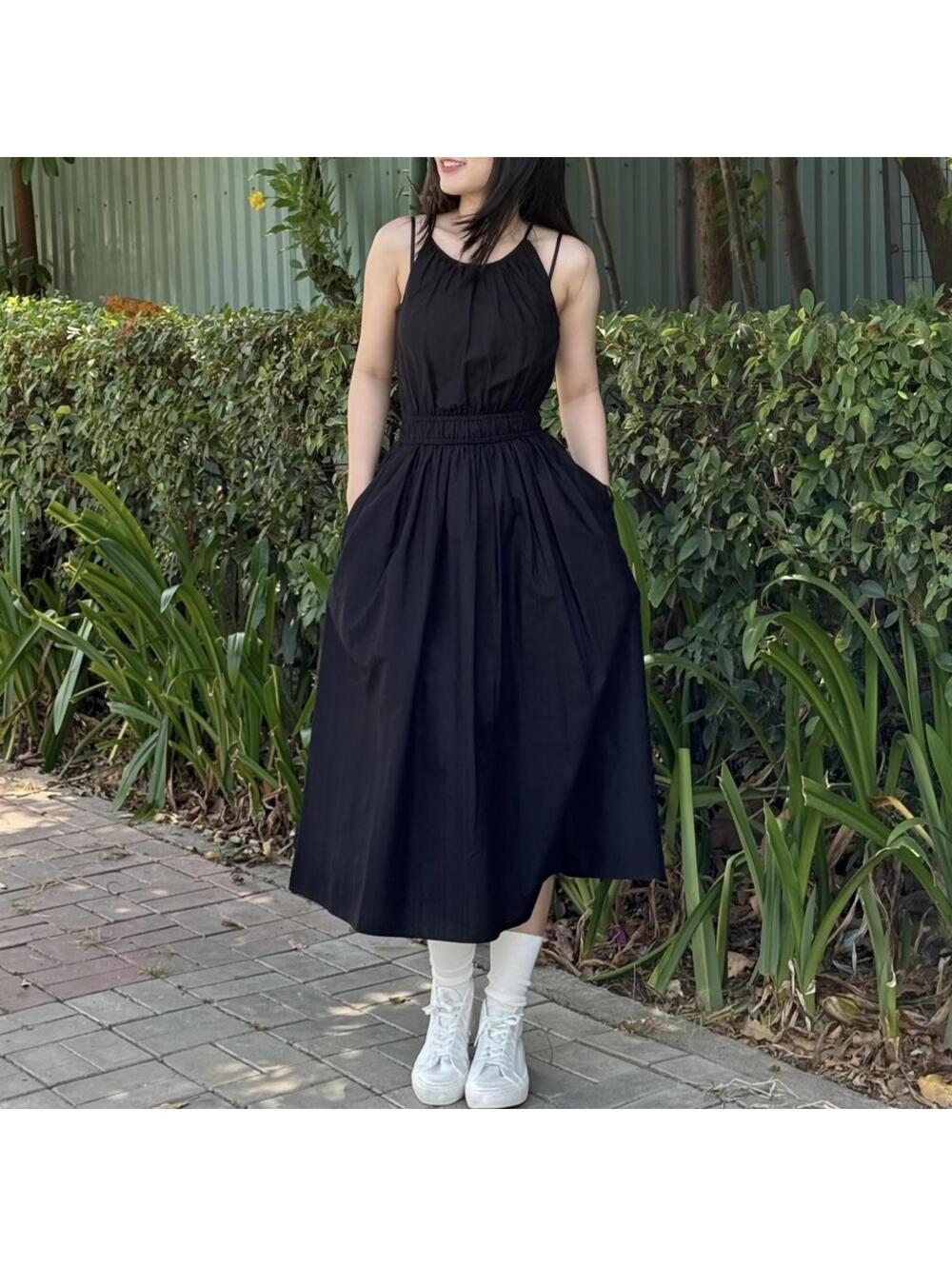 Uniqlo 100% Cotton Halter Neck Dress Black NWT Large - Picture 2 of 4